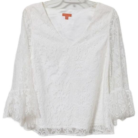 Modcloth Lace Blouse White Bell Sleeves V-Neck Cottagecore Polyamide Boho XS - Picture 1 of 8